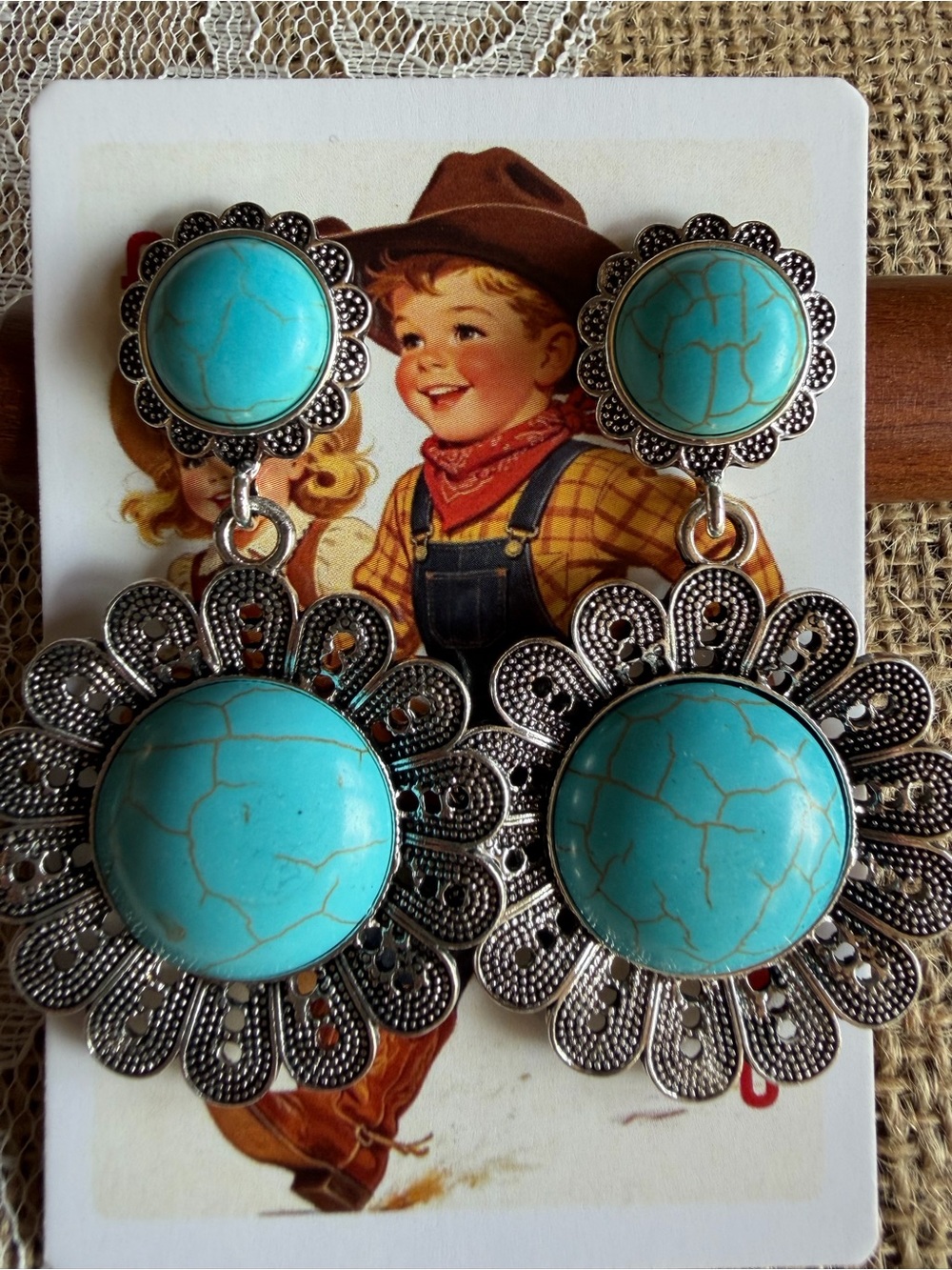 Western Turquoise Floral Earrings Silver Cowgirl Boho Statement Dangle NEW